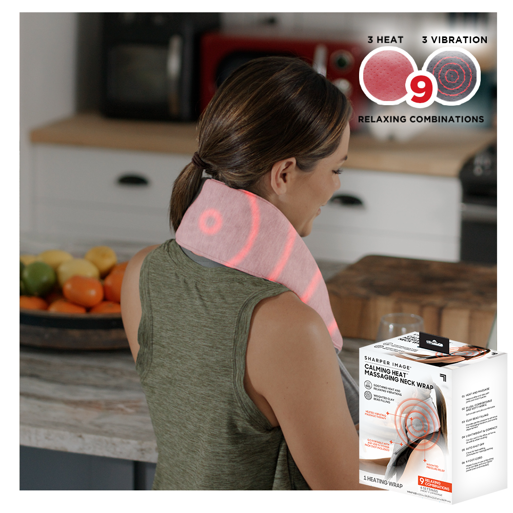 Calming Heat Neck Wrap by Sharper Image Personal Electric Neck Heating Pad  with Vibrations, 3 Heat & 3 Vibration Settings- 9 Relaxing Combinations